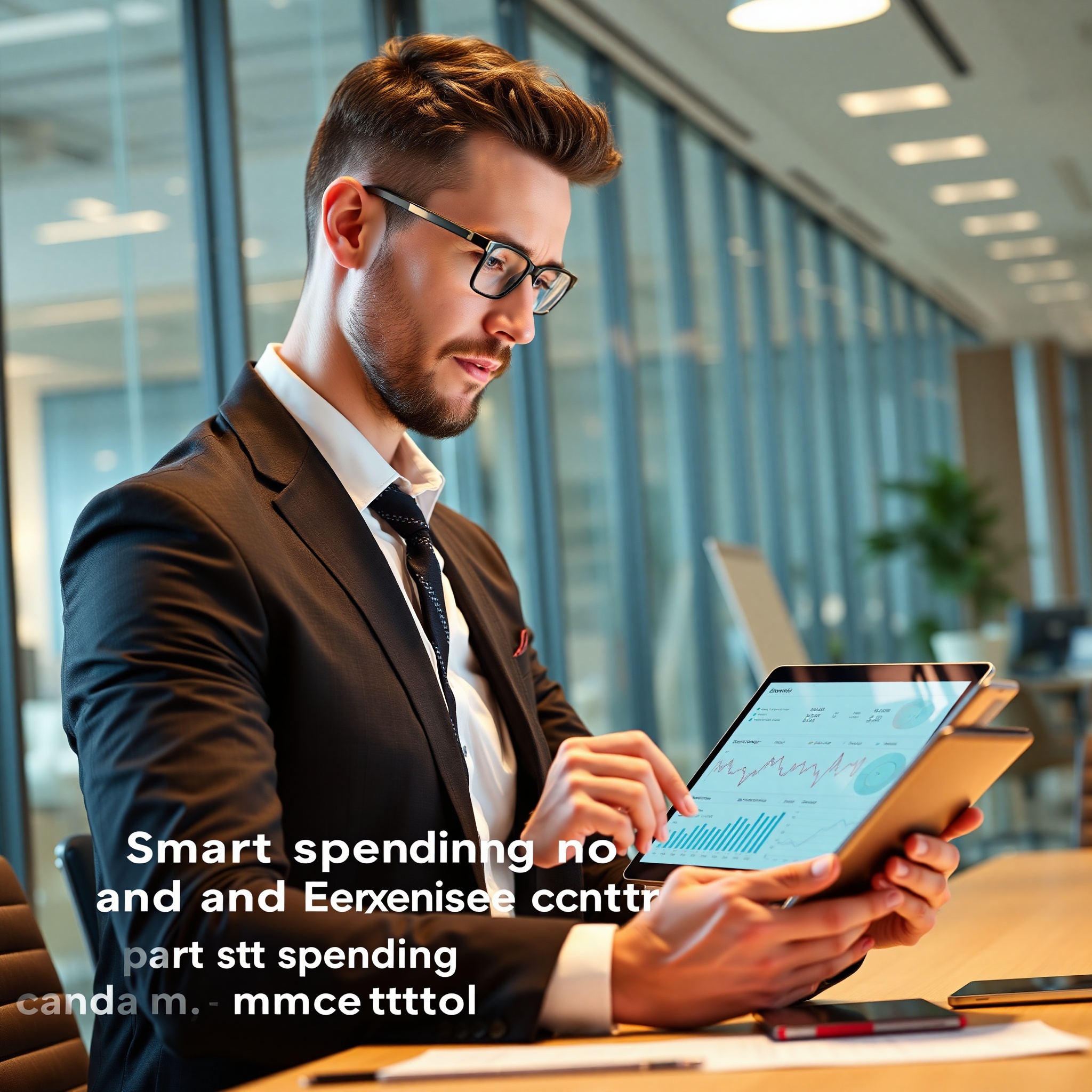Professional analyzing expense tracking data on tablet with charts and financial reports displayed