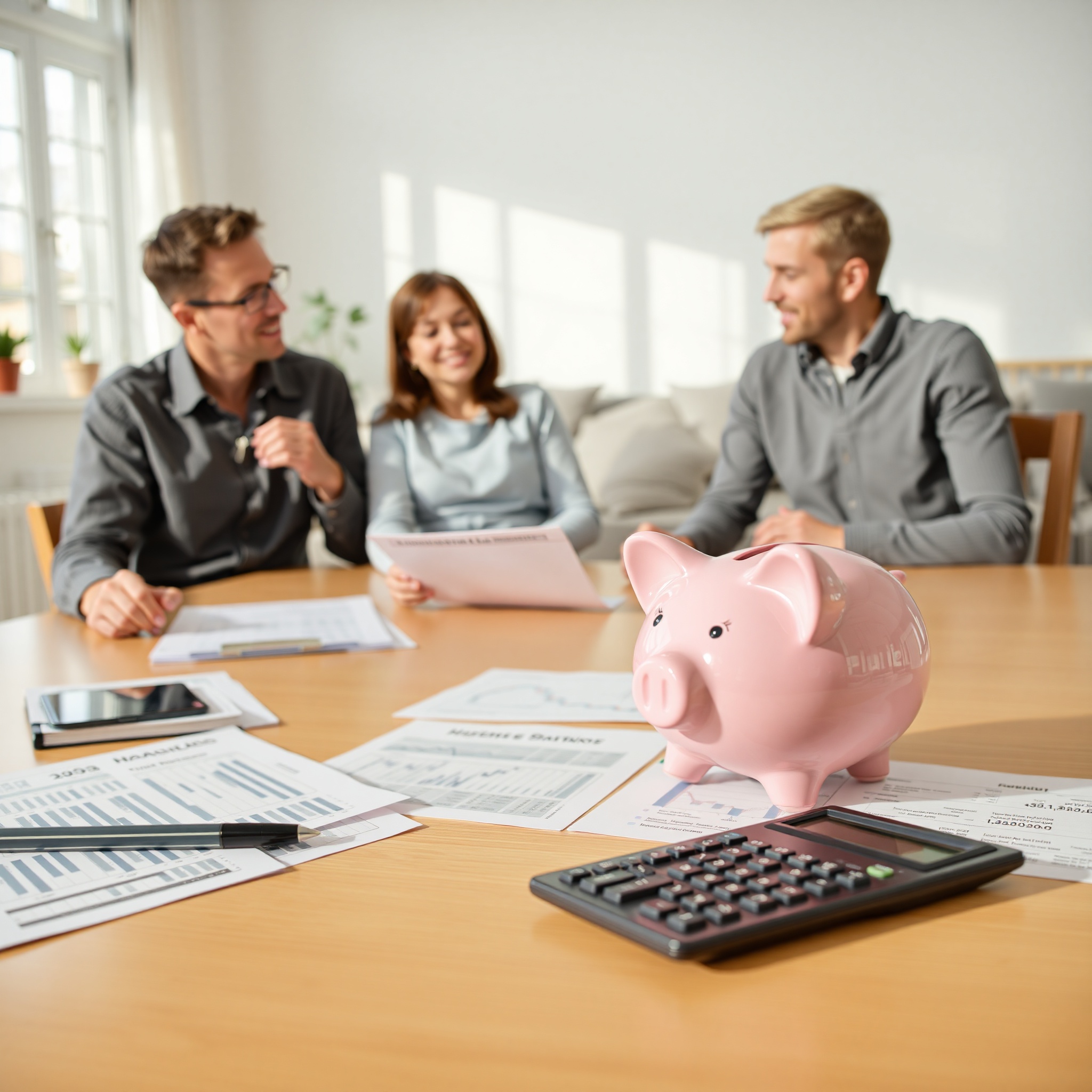 Canadian household planning savings strategy with piggy bank and financial planning documents on table