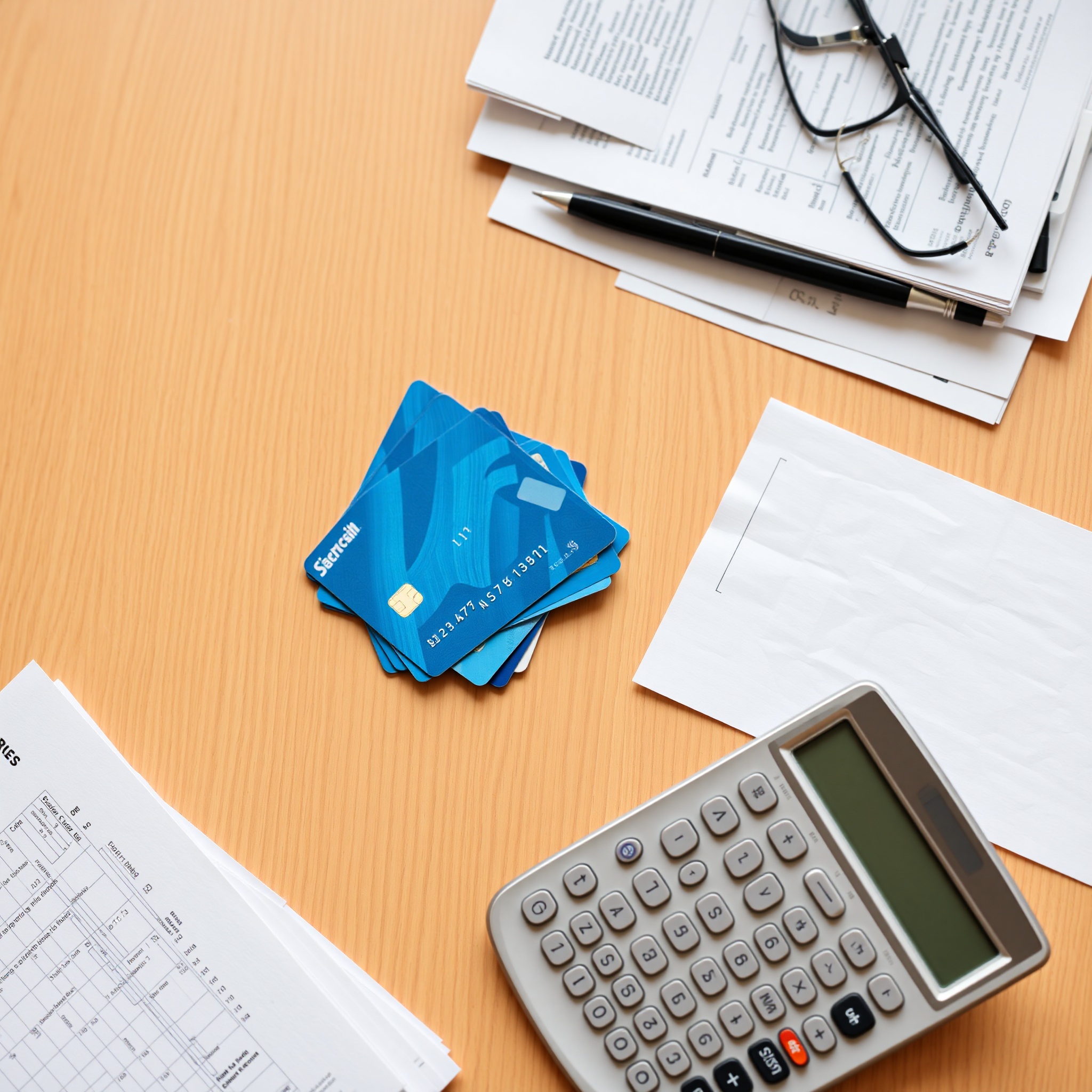 Credit cards arranged on financial documents with calculator and pen on wooden desk