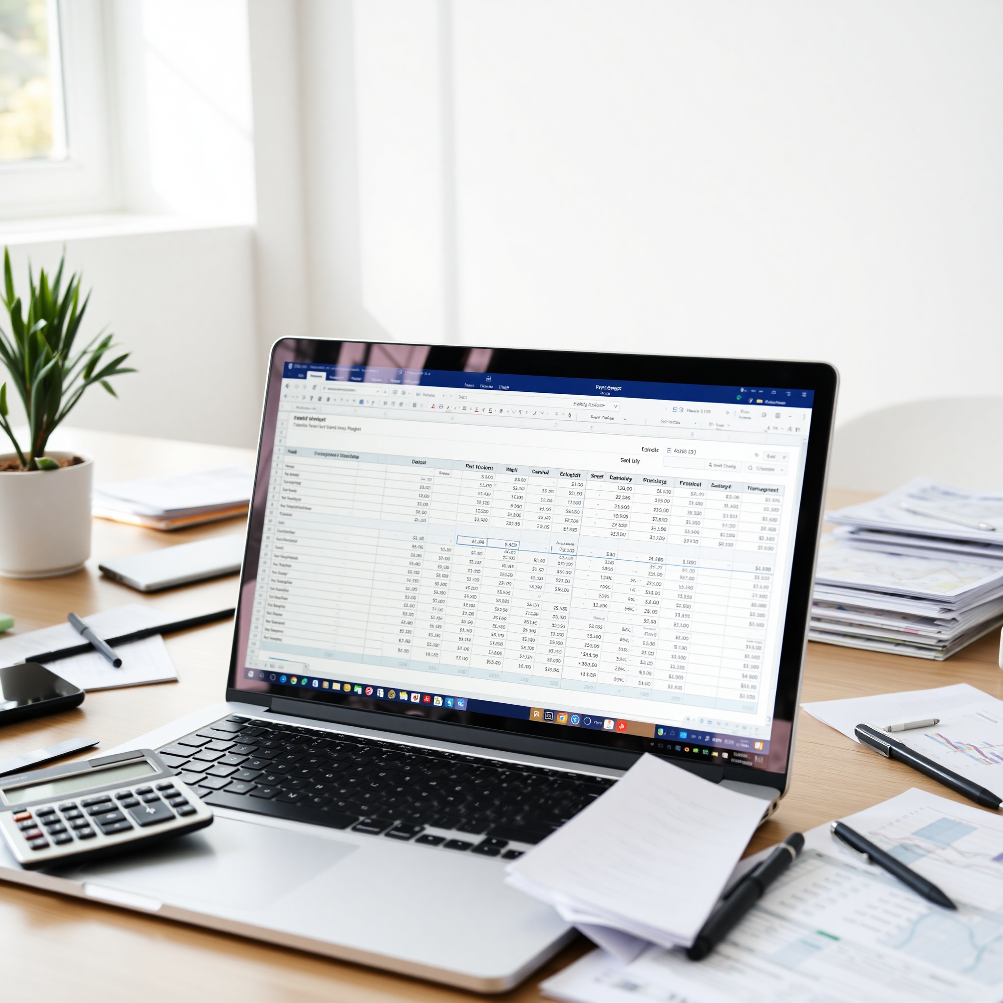 Budget planning spreadsheet with calculator and financial documents on desk
