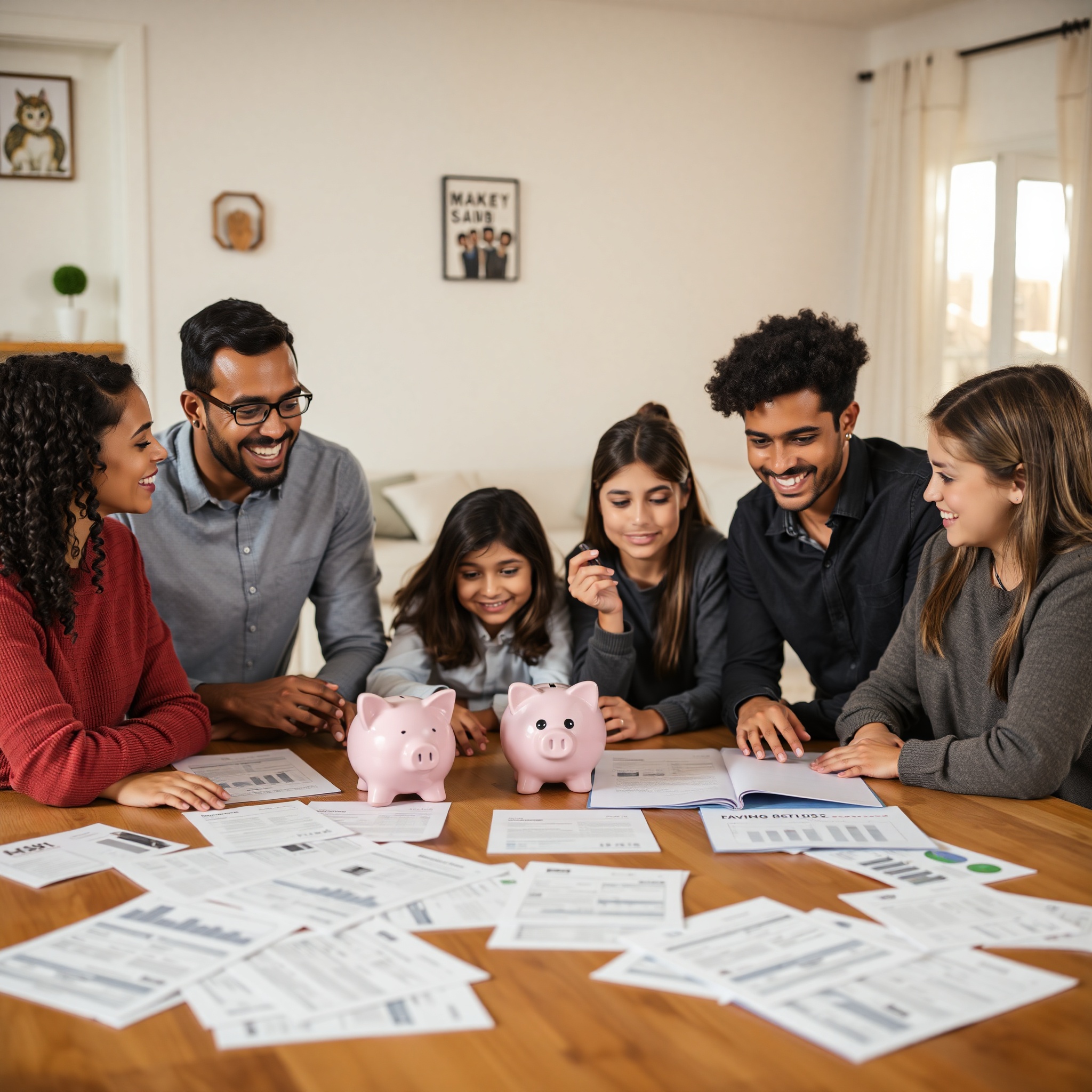 Canadian household planning savings strategy with piggy bank and financial planning documents on table