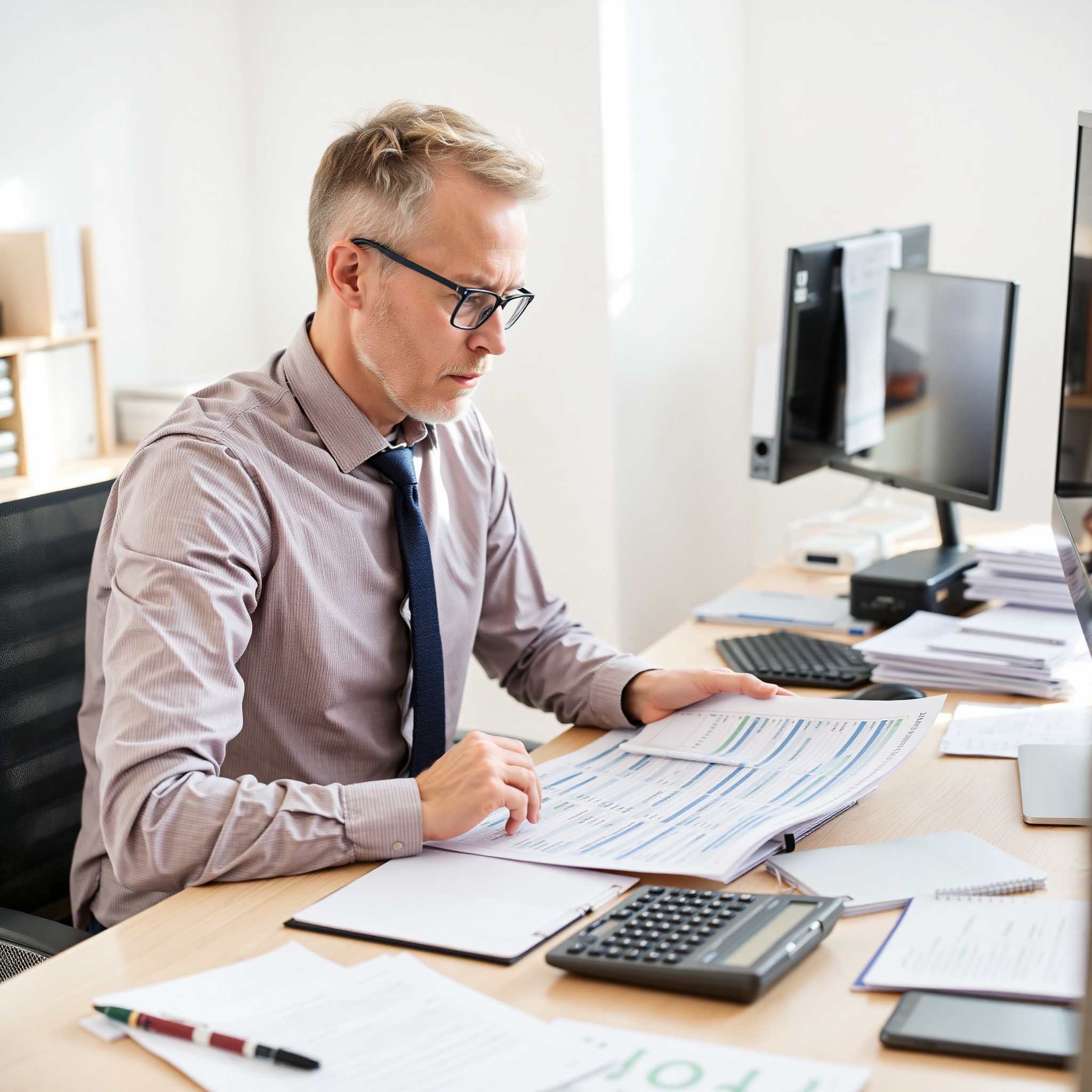 Person reviewing budget spreadsheet at organized desk with calculator and notebook