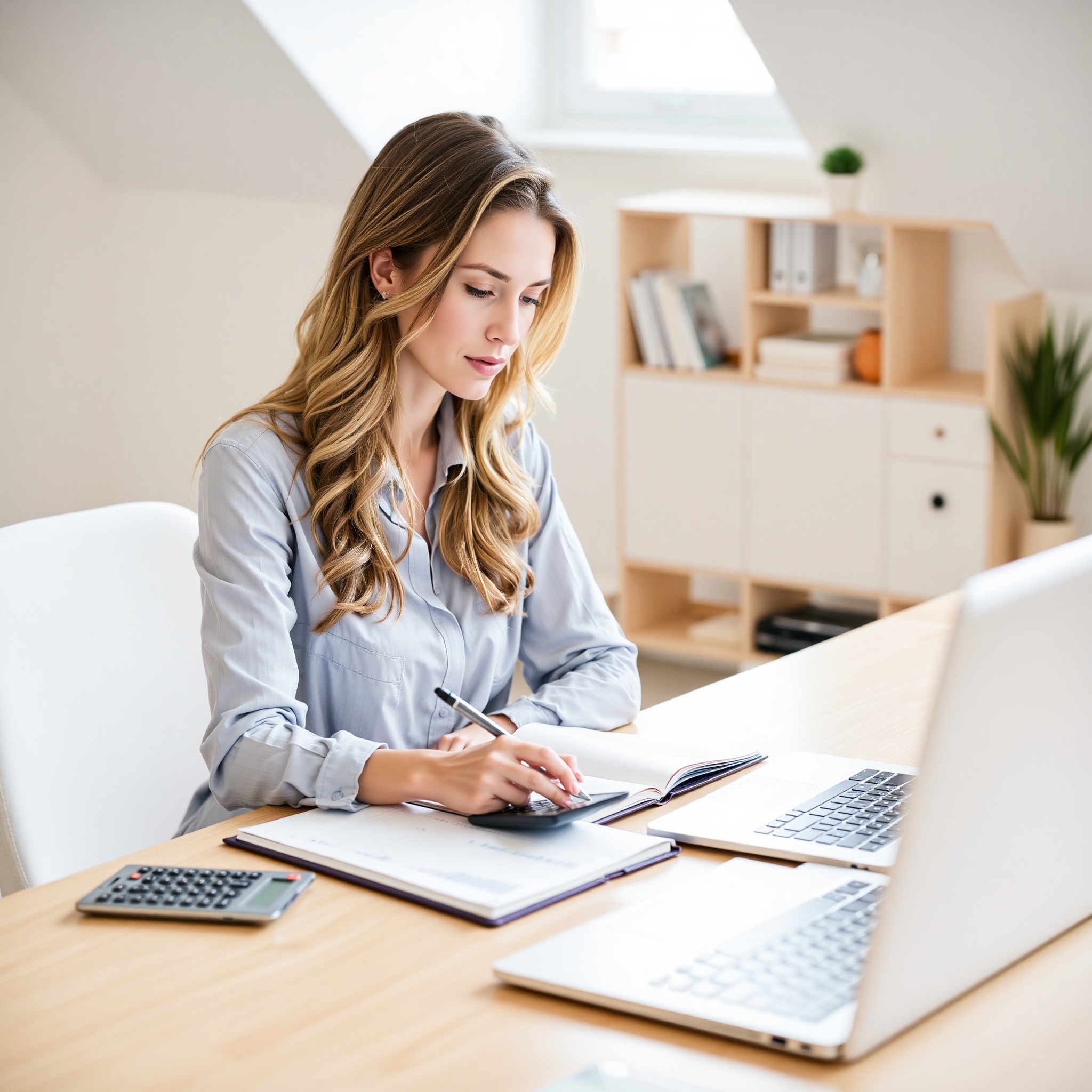 Young professional woman creating debt repayment plan at home office with notebook and calculator