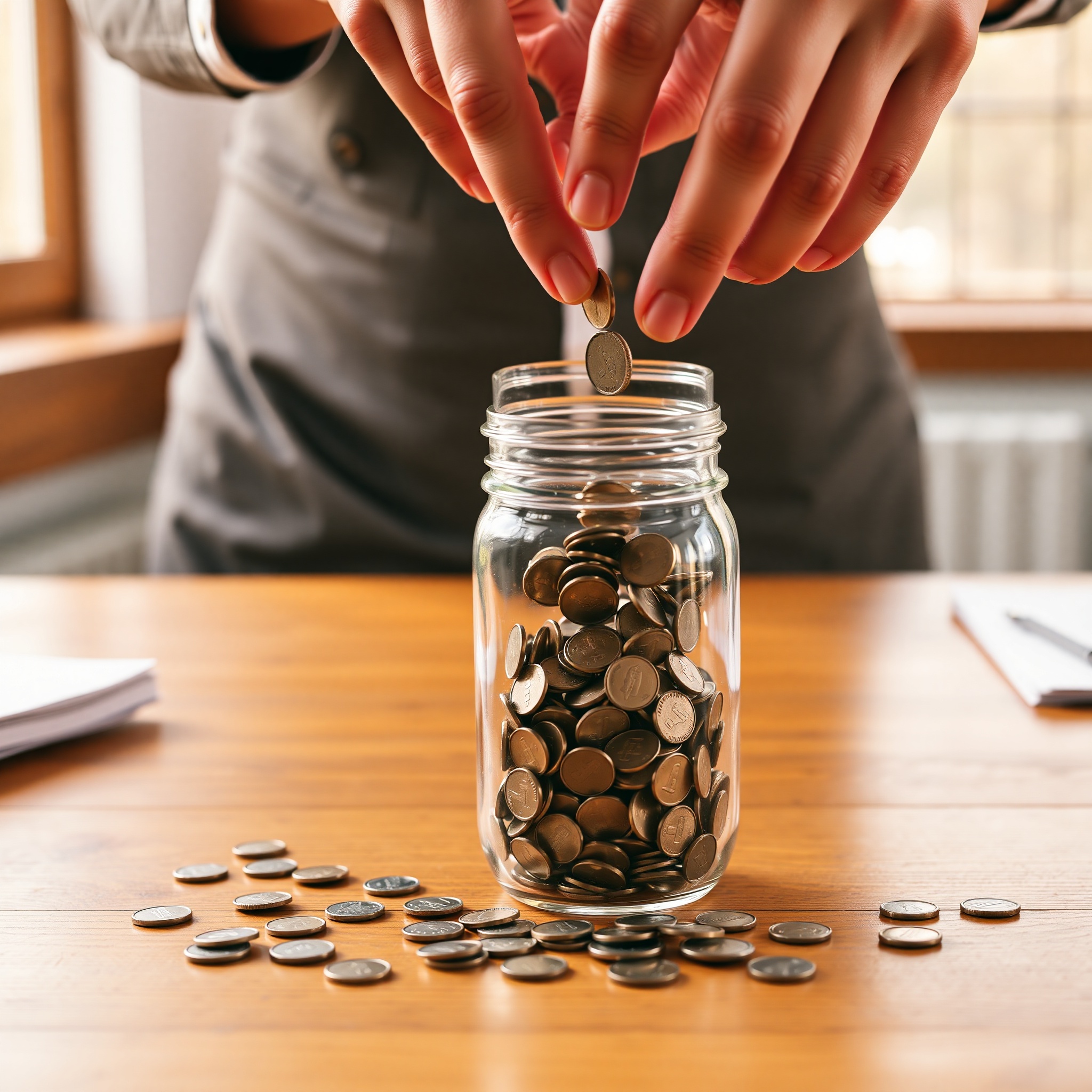 Person saving coins in glass jar, representing emergency fund building