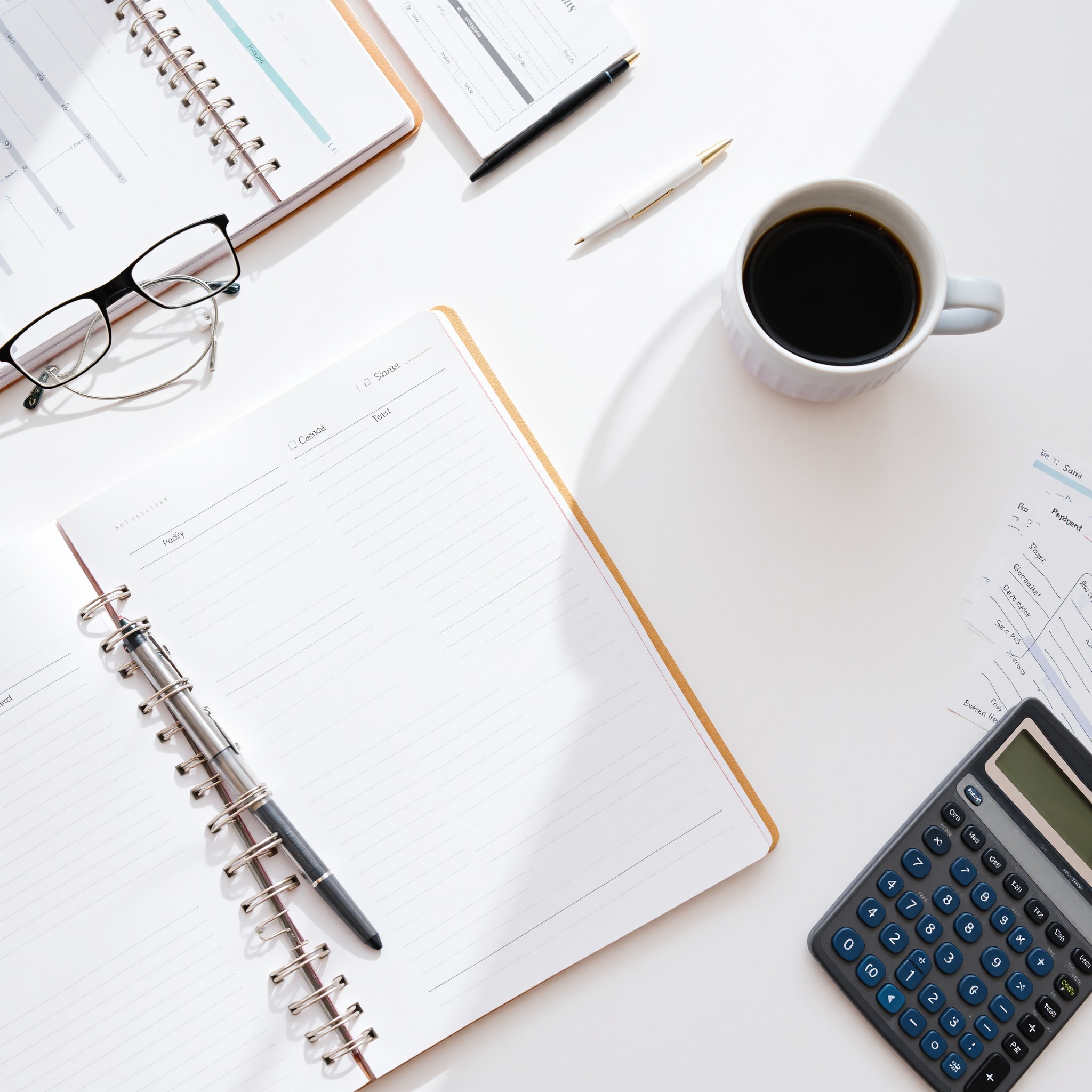 Organized budget planner with handwritten notes and calculator on desk