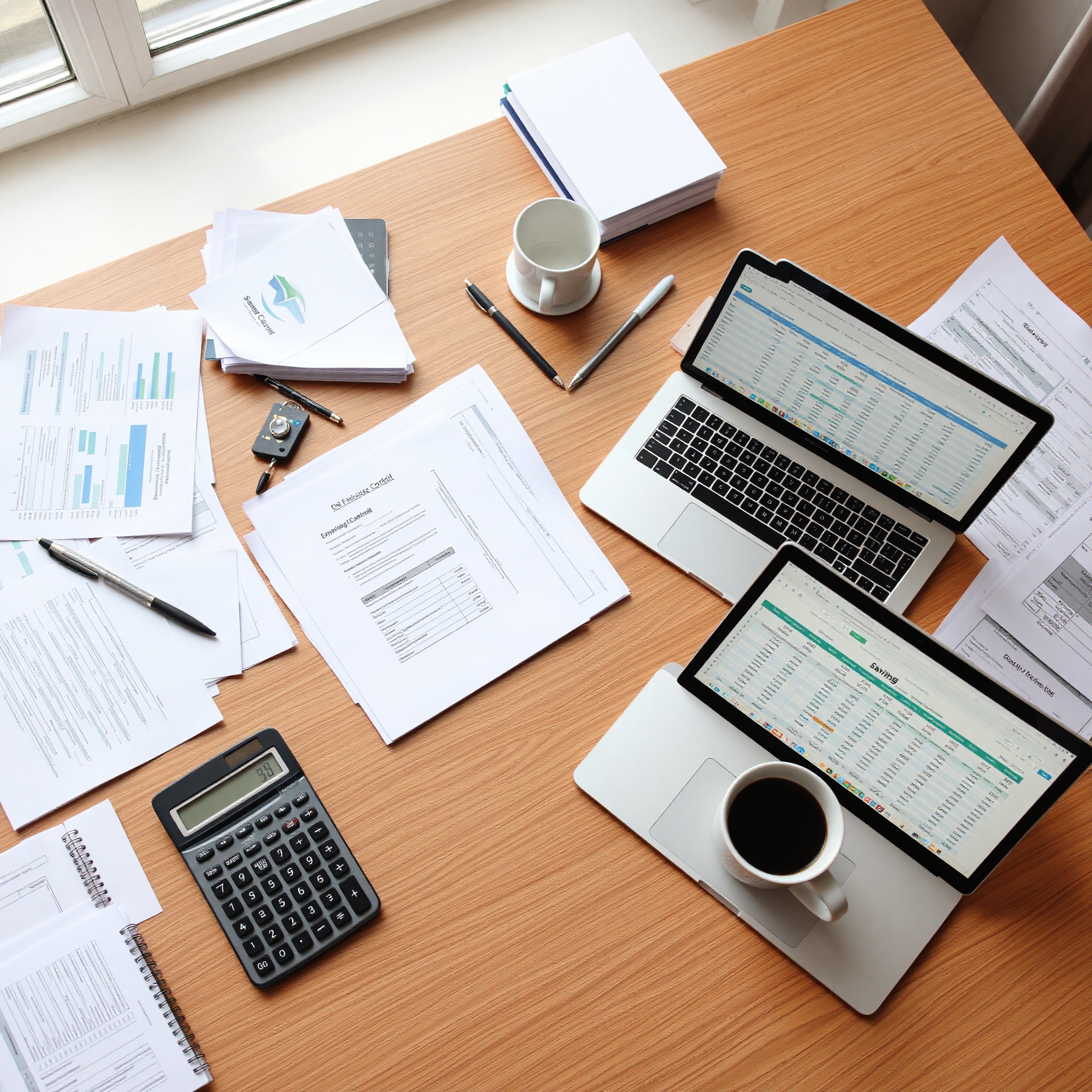 Professional workspace showing financial planning documents with calculator and coffee
