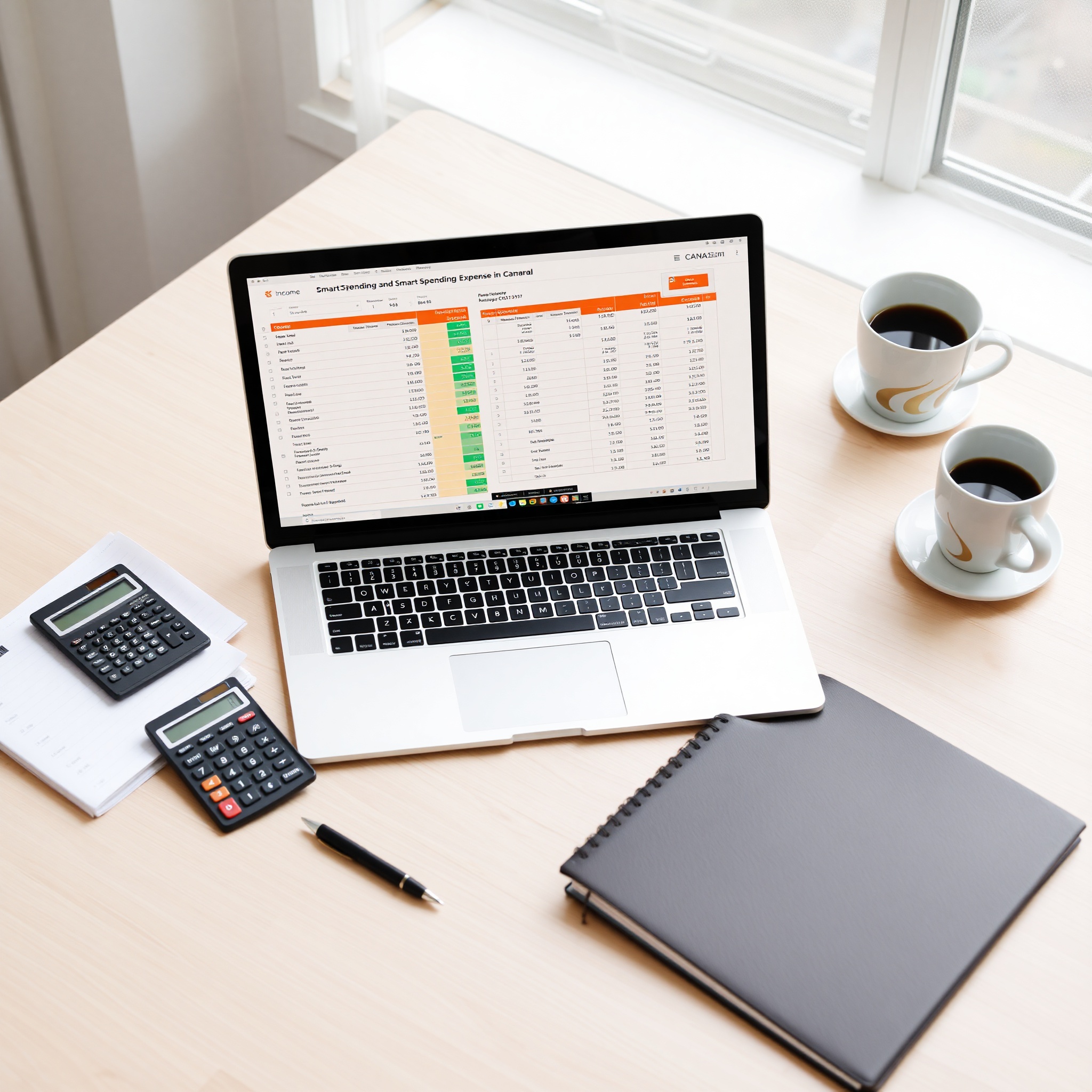 Professional financial planning workspace with income calculation spreadsheet and calculator on modern desk