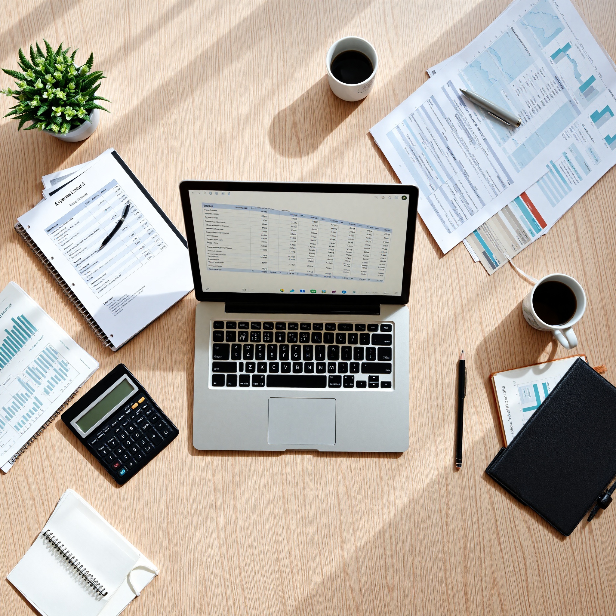 Professional financial workspace with budget spreadsheet on laptop, calculator, notebook, and pen on organized desk