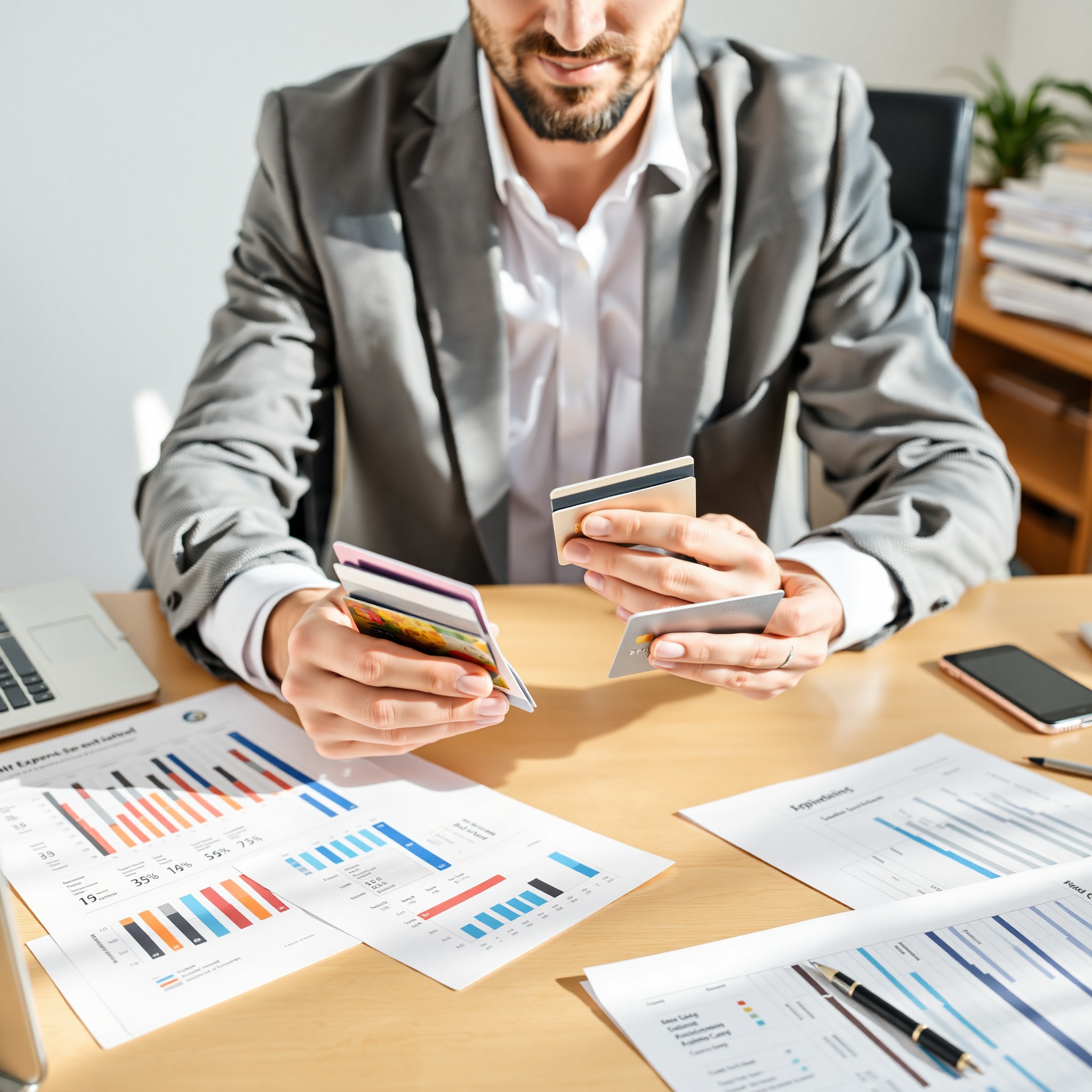 Professional comparing credit card and debit card options with financial comparison chart visible