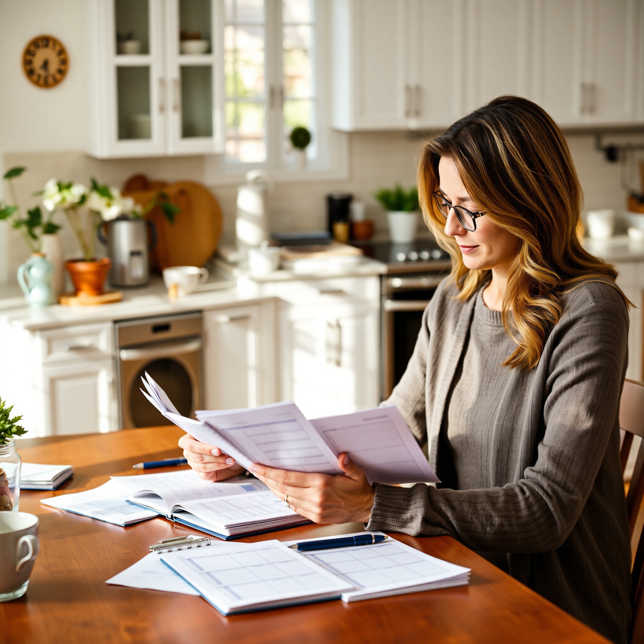 Woman reviewing financial goals and budget notes in organized notebook at modern kitchen table with natural light