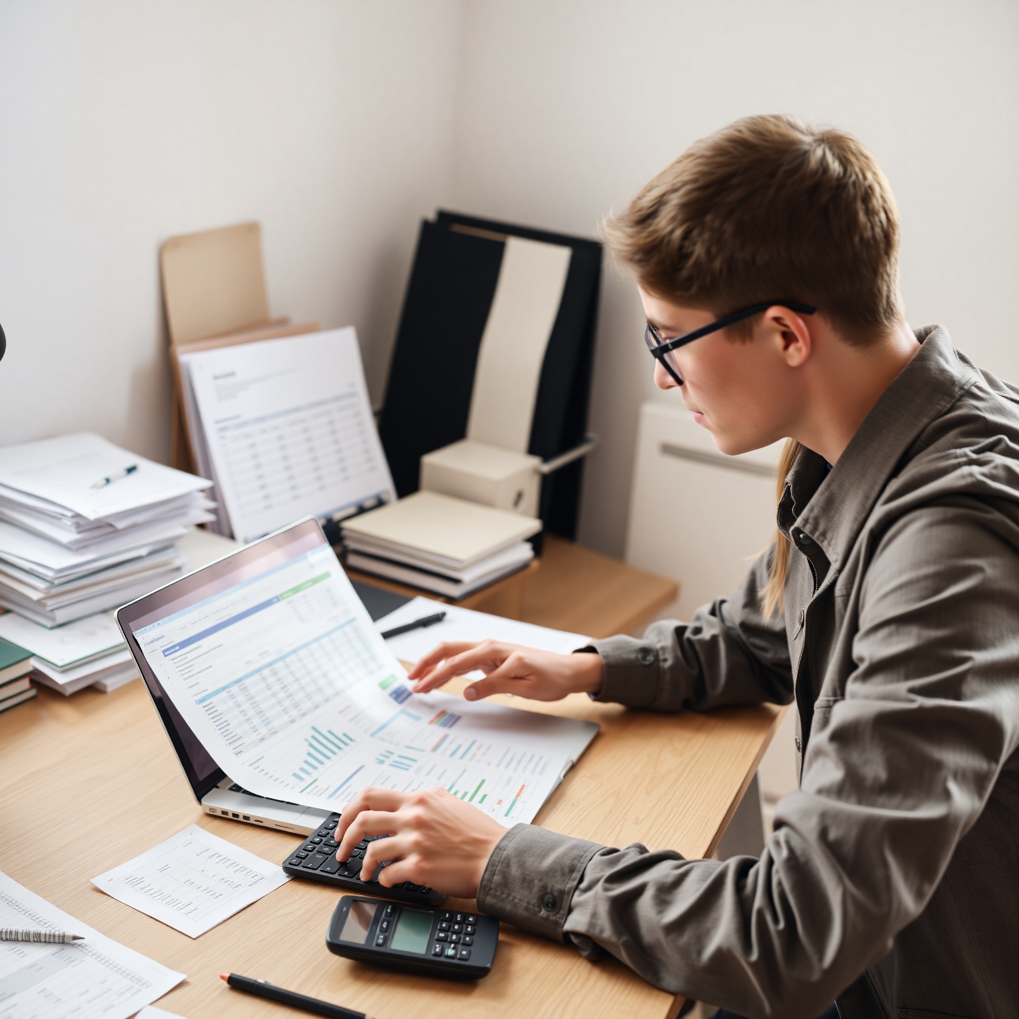 Person reviewing budget spreadsheet at organized desk with calculator and notebook