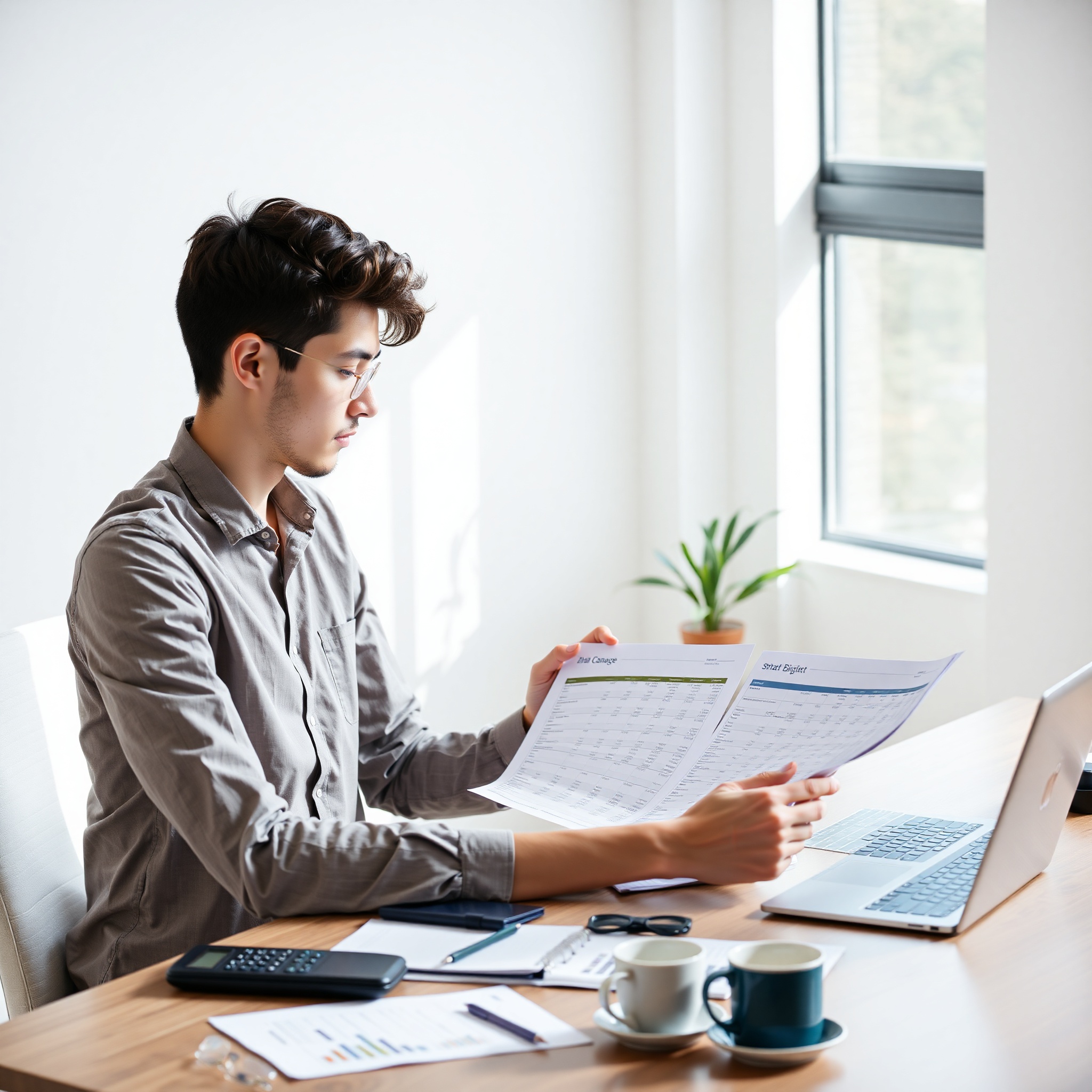 Professional photo of young adult reviewing financial documents and budget spreadsheet at modern desk with laptop, natural window lighting, organized workspace with calculator and coffee cup